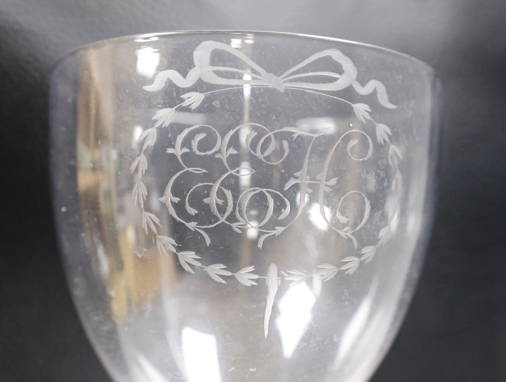 A pair of late Georgian large presentation glass Rummers, initialled EEH and a 20th century glass goblet, rummers 20.5 cms high
